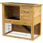 PawHut Clapier à lapin en bois 2 étages avec 3 portes plateau coulissant rampe toit bitumé 85 x 50 x 80 cm jaune