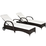 Outsunny Rattan Sun Loungers for Garden Set of 2 with Side Table, Garden Recliner Sunbeds with Adjustable Back, Wheels, Cushions and Headrest, 3 Pieces Garden Furniture Set for Outdoor, Patio, Brown