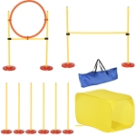 PawHut Conjunto 4 Obstáculos de Entrenamiento para Perro Set de Agilidad para Mascotas Estable Altura Ajustable de Aro con Túnel Postes y Bolsa Transporte Amarillo