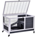 PawHut Jaula de Conejos Conejera para Mascotas Pequeñas con Techo Abrible y Bandeja Extraíble 90x53x59 cm Gris y Blanco