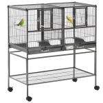 PawHut Jaula para Pájaros con Ruedas Pajarera Doble con 2 Bandejas Múltiples Puertas 4 Comederos 4 Perchas 95x45,5x102 cm Gris