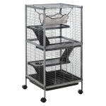PawHut Parque para Mascotas con Ruedas 2 Puertas 3 Rampas Hamaca Colgante y Bandeja Extraíble para Cobayas 52x52x113,5cm Gris