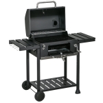 Outsunny Barbecue a Carbone con Coperchio con Termometro, Griglia Regolabile, Ruote e Tavolini, Nero