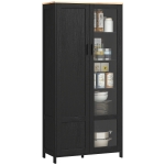 HOMCOM Mobile Dispensa Cucina in Legno a 9 Ripiani Regolabili con Ante in Vetro, 76x36x160 cm, Nero e color Legno