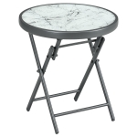 Outsunny Φ45cm Garden Side Table, Outdoor Round Folding Patio Table with Imitation Marble Glass Top, Small Coffee Table, White