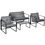 Outsunny Gartenmöbel-Set, 1 Glastisch, 2 Sessel. 1 Sofa, wetterbeständig,114 cm x 70 cm x 67 cm, Grau+Schwarz