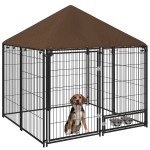 PawHut Recinto per Cani in Metallo e Tessuto Oxford con Porticina per Ciotole, 141x141x151 cm, Nero e Marrone