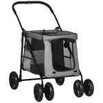 PawHut Dog Pram Dog Stroller 4 Wheels Pet Pushchair with Rolling Door, Cushion, Safety Leashes, for Small and Medium Breeds, Grey