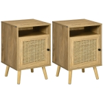 HOMCOM Set 2 Comodini in Stile Boho con Armadietto e Ripiano Aperto, in Truciolato, Rattan e MDF, 39x35x60 cm