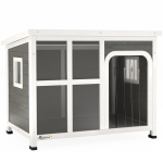 PawHut Wooden Outdoor Dog House with Asphalt Openable Top, Removable Floor, Clear Front Panel, Curtain, Light Grey
