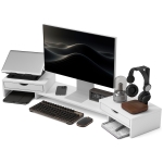 HOMCOM Rehausseur écran PC bureau support d'écran d'ordinateur de 60-116 cm avec 2 tiroirs, longueur et angle réglables