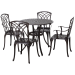 Outsunny 5 Pieces Garden Dining Set for 4, Cast Aluminium Outdoor Dining Set with 4 Armchairs and Round Dining Table with Parasol Hole, Garden Furniture Bistro Set, Brown