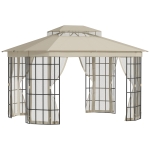 Outsunny Gazebo da Giardino con Zanzariera, Tetto a 2 Livelli e Struttura in Metallo, 3.7x3m, Beige