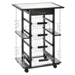 HOMCOM Chariot de service desserte de cuisine à roulettes multi-rangements 4 paniers métal tiroir + 4 range-bouteilles bois pin noir plateau carrelé blanc