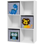 ZONEKIZ Meuble étagère bibliothèque 6 cases 3 cubes paniers en tissu motif animaux pour chambre enfant 62 x 30 x 91,5 cm blanc
