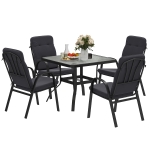Outsunny 5 Pieces Outdoor Square Garden Dining Set w/ Tempered Glass Dining Table 4 Cushioned Armchairs, Umbrella Hole, Black
