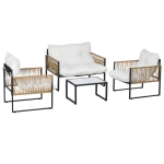 Outsunny Set Mobilier de Grădină din Ratan cu Canapea, Fotolii cu Perne și Măsuță cu Blat de Sticlă, 106x70x72 cm, Alb Crem