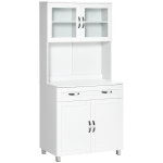 HOMCOM Buffet haut cuisine, armoire de cuisine, vaisselier, 4 portes dont 2 en verre, tiroir, plan de travail, étagères réglables, meuble de rangement pour salon salle à manger, 80x48x170cm, blanc