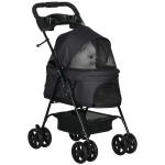 PawHut Carrinho para Cães Dobrável com Rodas Universáis Cesta de Armazenamento Correias de Segurança e Janelas 67x45x96 cm Preto