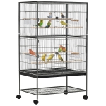 PawHut Gaiola para Pássaros com Rodas Bandeja Amovível 4 Portas 4 Comedouros e Prateleira de Armazenamento 78x52x132cm Cinza