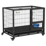 PawHut Gaiola para Cães com Parte Superior Rebatível Suporte de Tigelas Bandeja Amovível Rodas e Porta Dupla 92x62x73 cm Preto