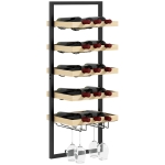 HOMCOM Raft de Perete pentru Sticle din Lemn și Oțel, Suport pentru 15 Sticle de Vin și 4 pahare, 35x25x86 cm, Natural