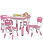 AIYAPLAY Set Tavolo e Sedie per Bambini 5pz con 4 Sedie Regolabili 32x36x52.5-56 cm e Tavolo 60x60x46-58 cm, Rosa