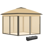 Outsunny Faltpavillon, Gartenpavillon, Metall und Stoffplane, Netzvorhänge, Entwässerungslöcher, 330L x 330B x 288H cm, Beige