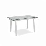 E-STYLO Tavolo allungabile con top bianco in vetro temperato e gambe in metallo bianco, 80cm X 140/200cm H.76cm