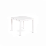 E-STYLO Tavolo allungabile con top in vetro temperato extra white e gambe in metallo bianco, 90cm X 90/163,5cm H.76cm