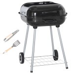 Outsunny Portable BBQ Charcoal Grill with 2 Wheels and Cooking Utensils, Smoker Grill with Lid for Outdoor Barbecues, Camping, Picnic, Courtyard