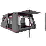 Outsunny Tenda de Campismo Familiar para 4-6 Pessoas com 2 Quartos Alpendre Impermeável 3000 mm Anti-UV 430x305x195 cm Cinzento e Vermelho