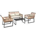 Outsunny Conjunto de Jardim 4 Peças de Vime Sintético com 2 Cadeiras 1 Sofá de 2 Lugares e Mesa de Centro Madeira e Creme