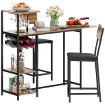 HOMCOM 3-delige Bartafelset, 1 Bartafel, 2 Stoelen, met Wijnrek, Glazenhouder, Open Planken, Voetensteunen, Bruin
