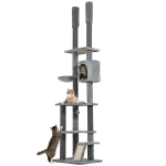 PawHut Kratzbaum, 4 Etagen, deckenhoch, verstellbar 225-255 cm, Hängematte, Haus, Grau