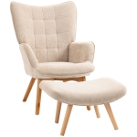 HOMCOM Fauteuil avec repose pied, dossier haut, pieds en bois et tissu aspect velours côtelé, pour salon chambre à coucher beige