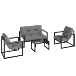 Outsunny Garden Furniture Set, 4 Piece Indoor Outdoor Conservatory with Loveseat Sofa, Armchairs, Glass Top Coffee Table, Cushions for Balcony, Poolside, Patio, Dark Grey