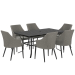 Outsunny 6 Seater Rattan Dining Set with Cushions, Garden Furniture Set with Armchairs, Rectangle Slatted Table Top, Steel Frame, Parasol Hole, Wicker Outdoor Furniture for Patio, Balcony, Grey