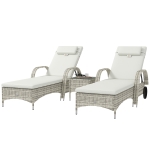 Outsunny Lot de 2 transats bains de soleil : matelas, têtière, inclinaison réglable roulettes + table basse verre trempé crème