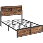 HOMCOM Industrial Double Bed Frame, 4.6FT Steel Bed Base with Storage Headboard, Footboard, Slatted Support and Under Bed Storage, 141 x 207cm, Rustic Brown