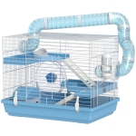 PawHut Cușcă pentru Hamsteri cu 3 Niveluri, Căsuță, Roată, Sticlă și Tuburi, 47.5x31.5x29.5 cm, Albastru