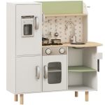 AIYAPLAY Cozinha de Madeira para Crianças com Máquina de Gelo Lavatório de Aço Inoxidável e Utensílios 84x34x89 cm Branco