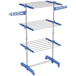 HOMCOM Estendal para Roupa Dobrável 80x55x152cm com 6 Rodas e 3 Prateleiras com Altura Ajustável de Aço Inoxidável Prata e Azul