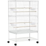 PawHut Gaiola para Pássaros com Rodas Bandeja Amovível 4 Portas Comedouros e Prateleira de Armazenamento 78x52x132cm Branco