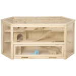 PawHut Gaiola de Madeira para Hámster 115x60x55cm Gaiola para Roedores e Animais Pequenos de 3 Níveis com Teto Abatível Bandeja Removível e 3 Rampas Madeira