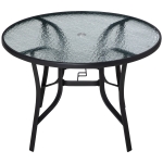 Outsunny Mesa de Cristal de Jardim com Orifício para Chapéu de Sol Mesa Redonda de Exterior Terraço Varanda com Estrutura de Aço Ø106,5x71cm Transparente e Preto