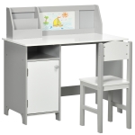 HOMCOM Conjunto de Mesa e Cadeira Infantil de Madeira com Quadro Branco Mesa de Estudo para Crianças acima de 5 Anos 90x45x85cm Cinza