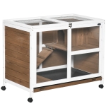 PawHut Coelheira de Madeira com Rodas 91,5x53,5x73cm Gaiola para Coelhos de 2 Níveis com Bandeja Amovível e Rampa Marrom