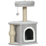 PawHut Arranhador para Gatos com Cama Caverna Plataforma Bola Suspensa e Poste de Juta 42x30x66 cm Cinza e Bege