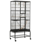 PawHut Gaiola para Pássaros com Rodas de 3 Níveis com 3 Poleiros Comedouros Brinquedos Rampas e Prateleira 83x53x180 cm Preto